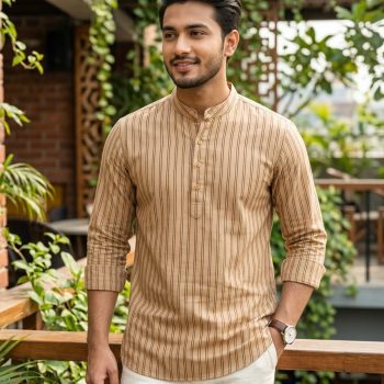 Luxury Full Sleeve 100% Cotton Katua ( Beige Brown Striped Katua)